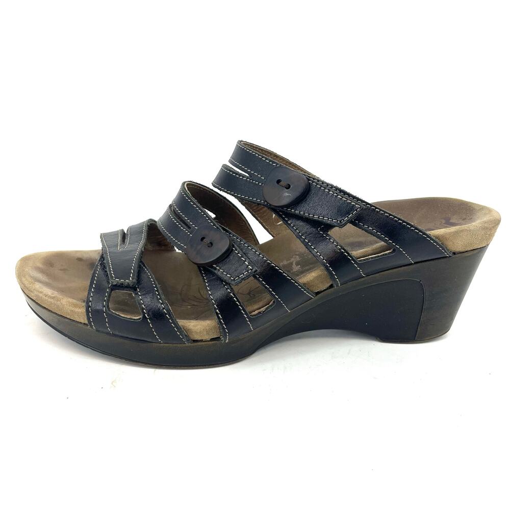 ROMIKA Women's Black Leather Adjustable Three Strap Button Heel Sandals 40/US9.5